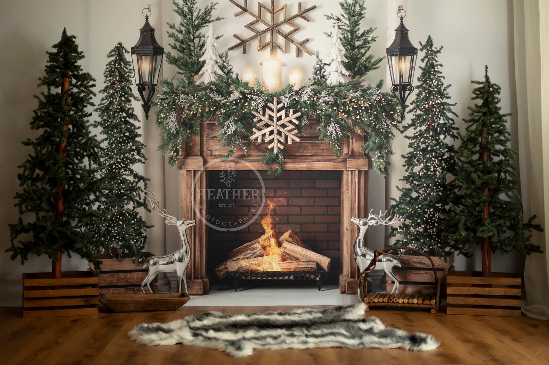 inviting scene with a glowing fireplace backdrop